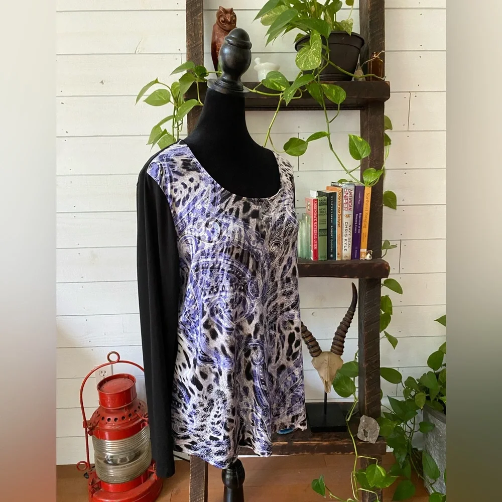 Chico’s: Black, White & Blue Paisley Pattern Blouse